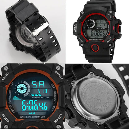 Men's sports electronic wristwatch with large dial, waterproof design, luminous display, and alarm from R.E.D. Shopping.