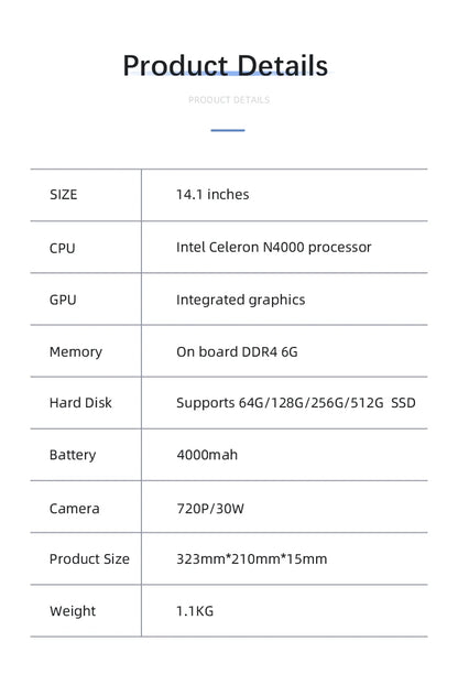 BYONE 14.1" Laptop — Intel N4000, 6GB RAM, Up to 512GB SSD, HD LCD, WiFi, Windows 11