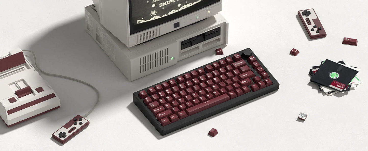 Retro dark red PBT keycap set with double shot Cherry profile for mechanical keyboards, featuring 126 keys and R.E.D. Shopping branding.