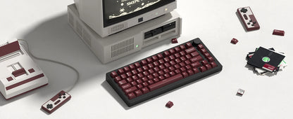 Retro dark red PBT keycap set with double shot Cherry profile for mechanical keyboards, featuring 126 keys and R.E.D. Shopping branding.