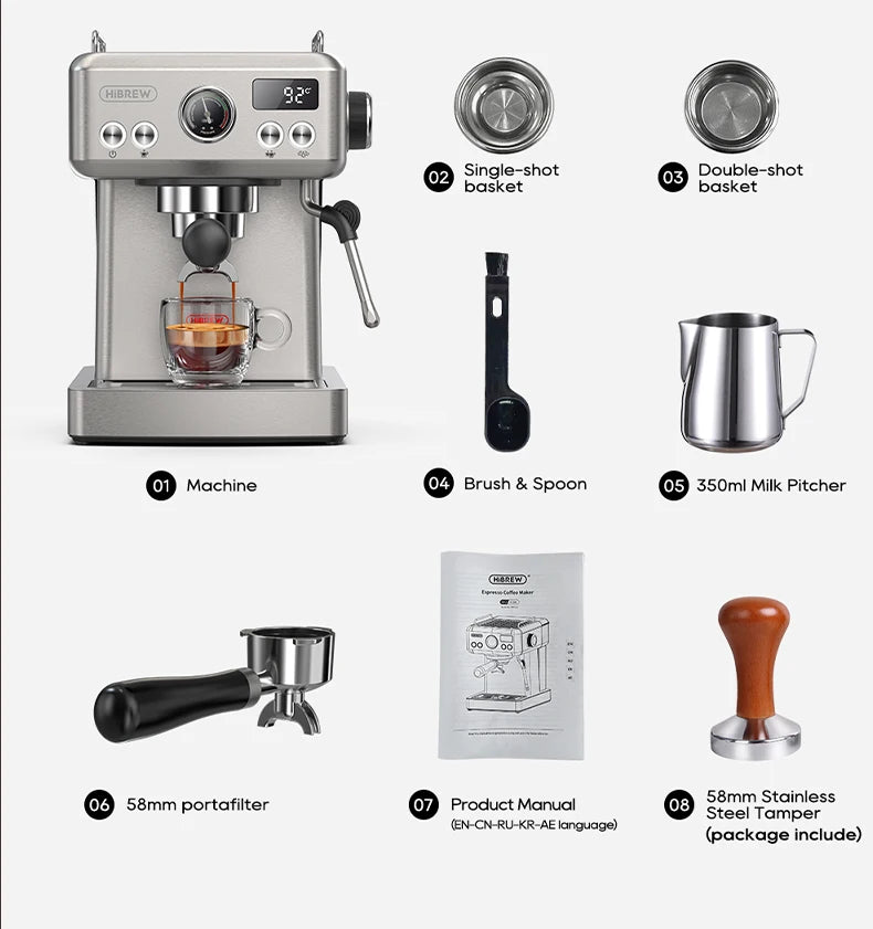 HiBREW H10A 20Bar Semi-Automatic Espresso Machine – 58mm Portafilter, Metal Case
