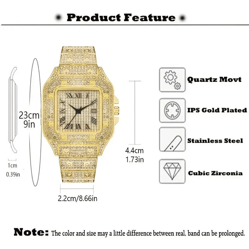 Men's luxury square rhinestone quartz watch with steel strap, stylish business wristwatch, R.E.D. Shopping jewelry accessory