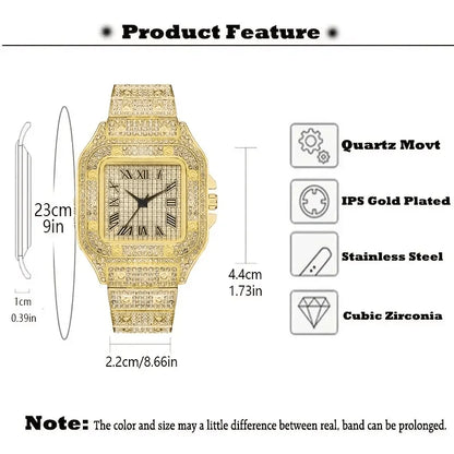 Men's luxury square rhinestone quartz watch with steel strap, stylish business wristwatch, R.E.D. Shopping jewelry accessory