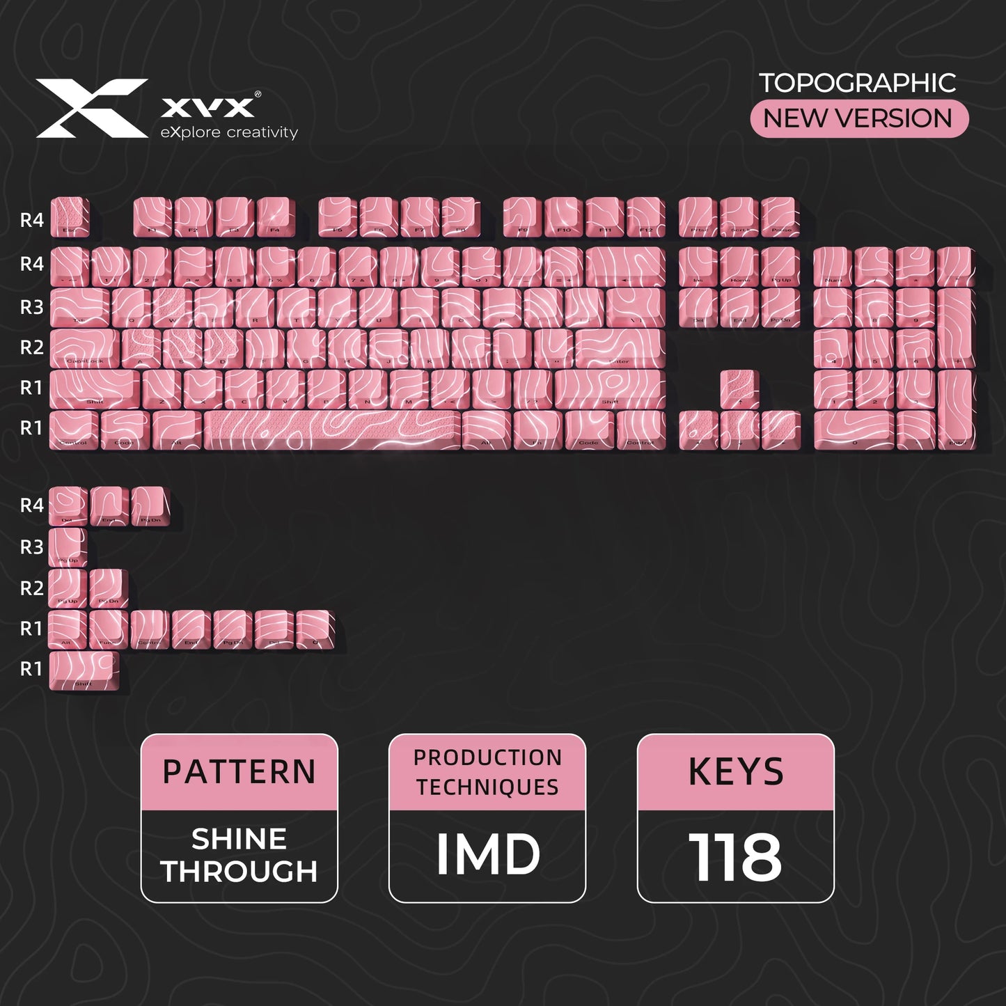 XVX Topographic Keycaps 118 Keys – OEM Profile, Shine-Through, IMD-Tech, Side Print