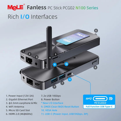 MeLE PCG02 Mini PC Stick – Intel N100, 8GB LPDDR4x, 256GB SSD, 4K HDMI, PXE, Windows 11
