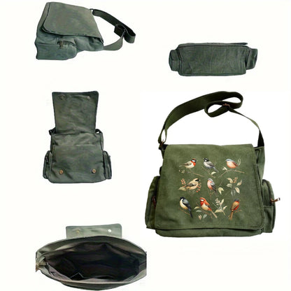 Vintage Bird Print Canvas Crossbody Bag - Large Capacity Shoulder Bag