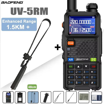 Baofeng UV-5RM walkie talkie with four-band radio and 3800mAh battery, showing front view of the handheld two-way radio.