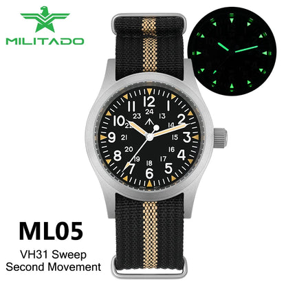 Militado ML05 Field Watch – 38mm, VH31 Sweep Quartz, Sapphire Crystal, 100M, Screw-Down Crown