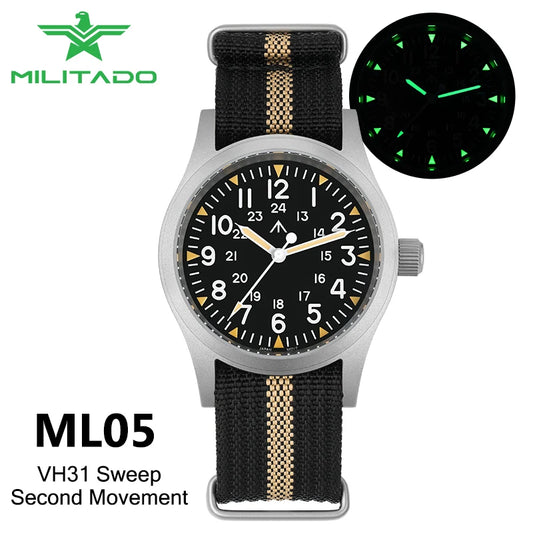 Militado ML05 Field Watch – 38mm, VH31 Sweep Quartz, Sapphire Crystal, 100M, Screw-Down Crown
