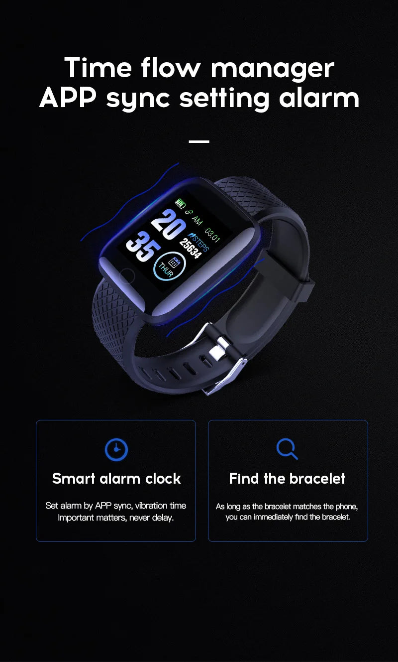 Red Shopping 116Plus Smart Watch with fitness tracker, heart rate monitor, and sleep tracking displayed on black screen.