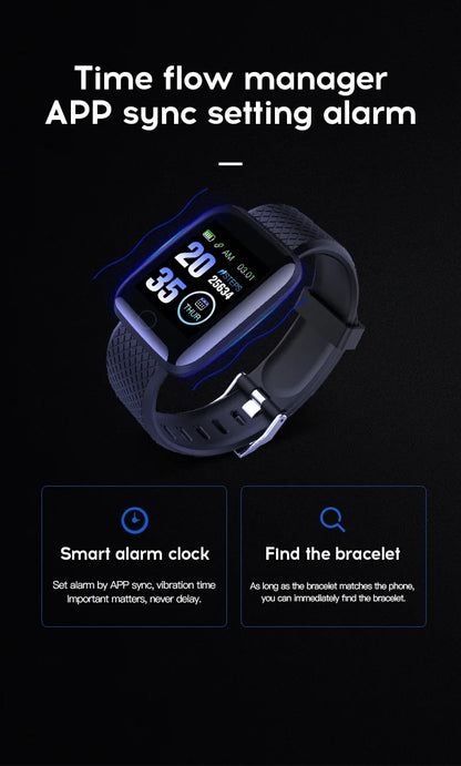 Red Shopping 116Plus Smart Watch with fitness tracker, heart rate monitor, and sleep tracking displayed on black screen.