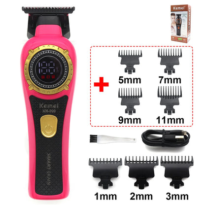 Kemei KM-999 Professional Hair Trimmer – DLC T-Blade, Zero Gap, LED Display, Cordless USB Clipper