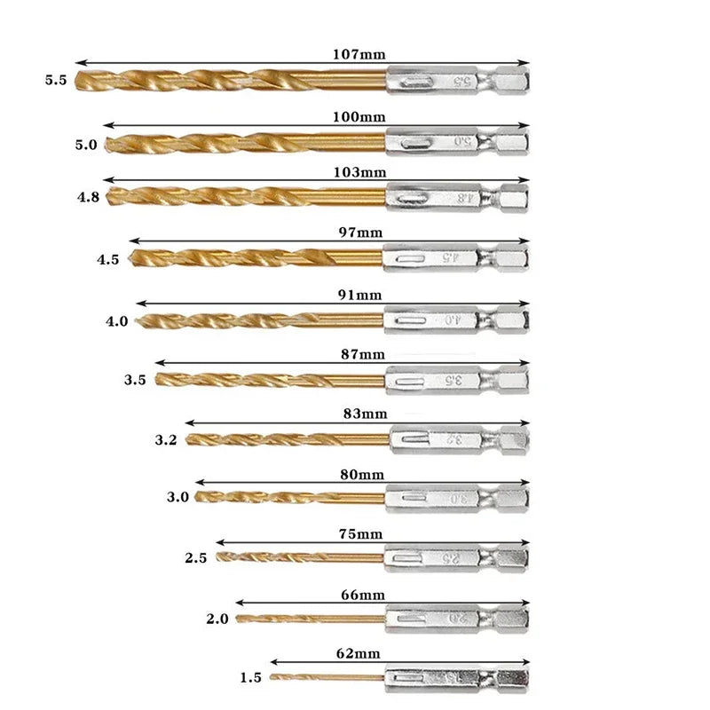13/16-Piece HSS Titanium Coated Drill Bit Set – 1/4" Hex Shank 1.5–6.5mm