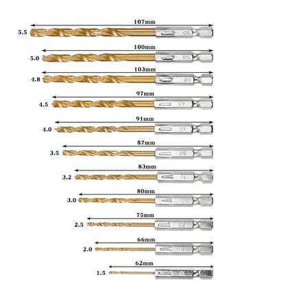 13/16-Piece HSS Titanium Coated Drill Bit Set – 1/4" Hex Shank 1.5–6.5mm