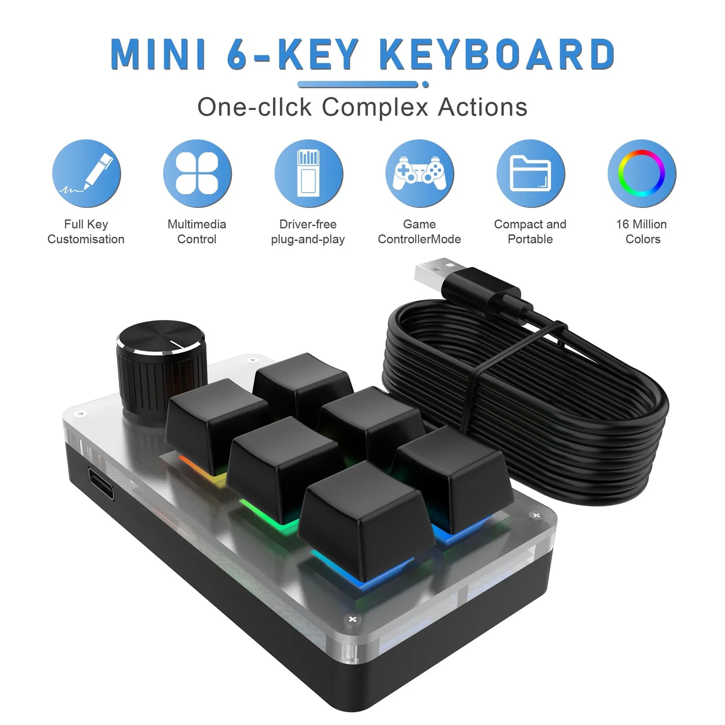 Mini 6-Key 1-Knob RGB Macro Gaming Keypad – USB Wired Hot Swap Mechanical Keyboard