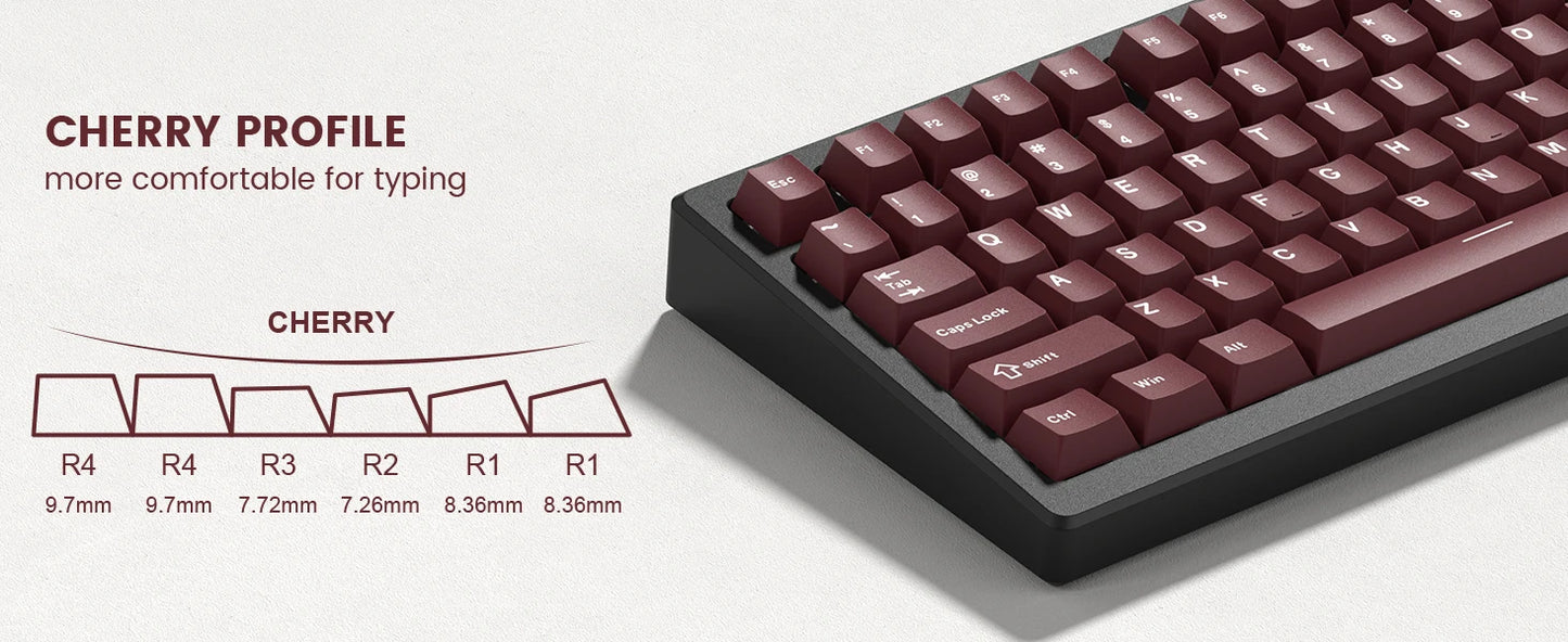Retro dark red PBT keycap set with 126 cherry profile keycaps for mechanical keyboards, featuring double shot construction.