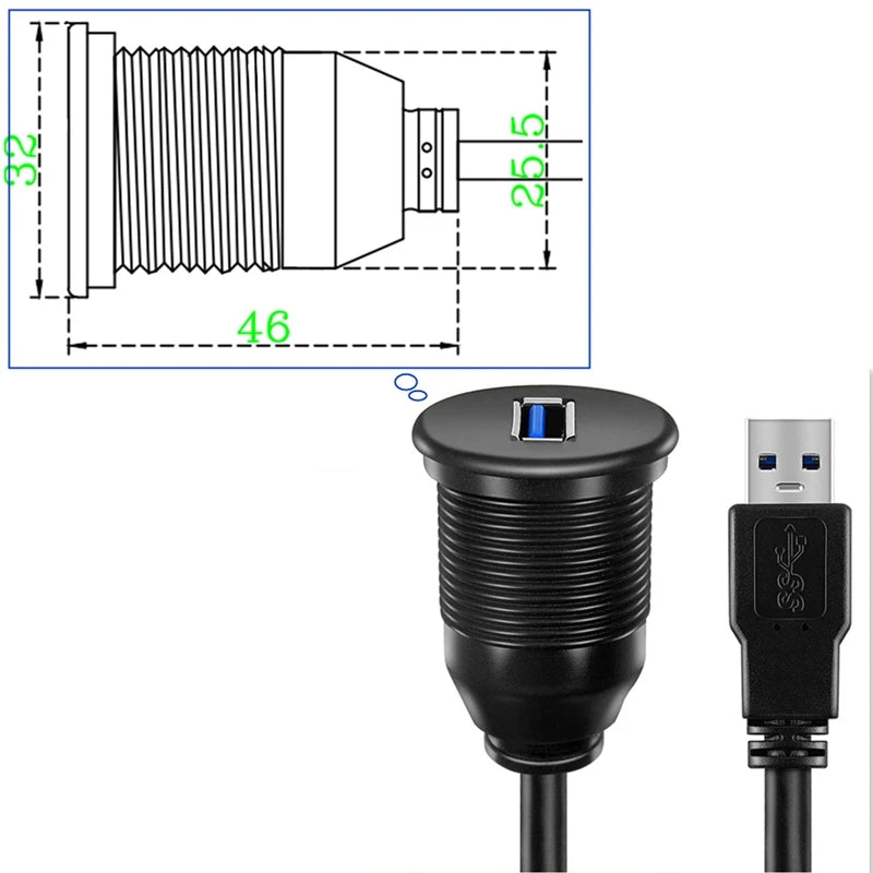USB Panel Flush Mount Extension Cable with LED – USB 2.0/3.0, 1m/2m, for Car, Boat & Dashboard