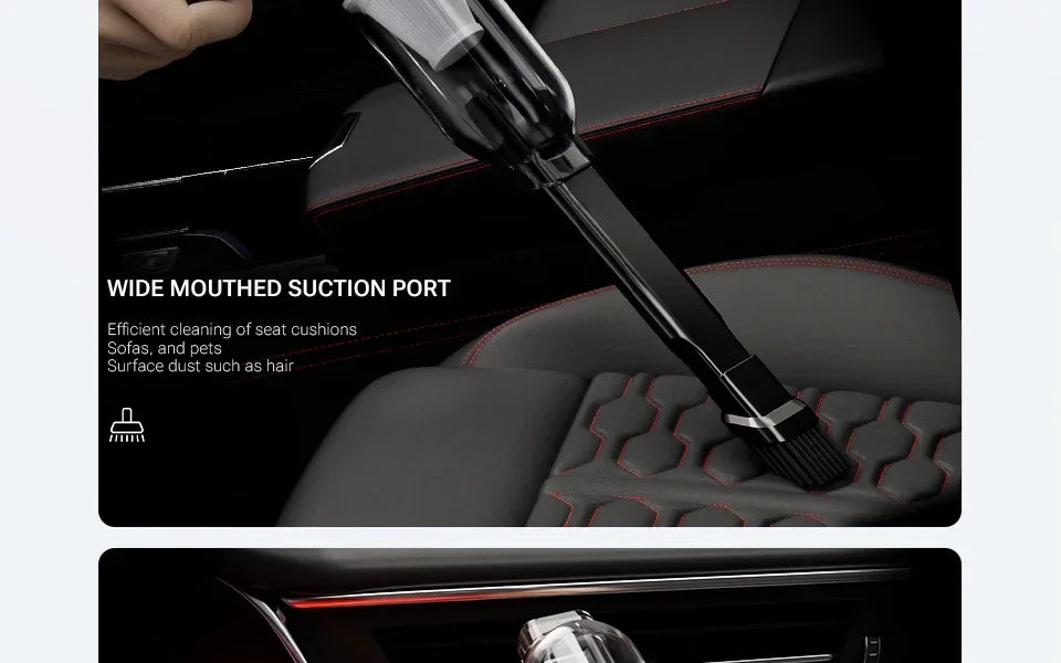 Red SZUK portable car vacuum cleaner with 100W power, 15KPa suction, 3-in-1 wireless handheld design for quick cleaning.