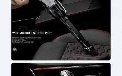 Red SZUK portable car vacuum cleaner with 100W power, 15KPa suction, 3-in-1 wireless handheld design for quick cleaning.