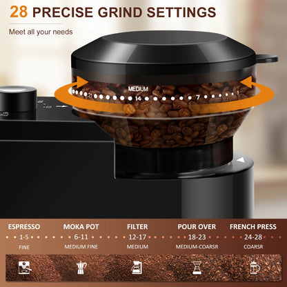 KIRAINAFLY Electric Burr Coffee Grinder – 28 Grind Settings for Espresso & Drip
