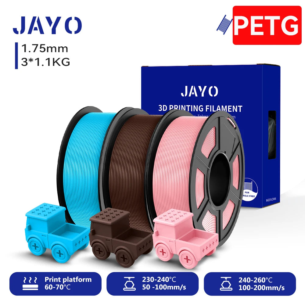 JAYO PETG/High Speed Matte PETG 3D Printing Filament 1.75MM Mix-Colors & No bubbles &Non-toxic For 3D Printer & Pen 3Rolls