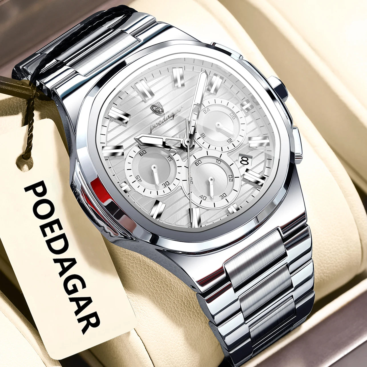 POEDAGAR Men's Luxury Chronograph Watch – Stainless Steel, Waterproof, Luminous, Date