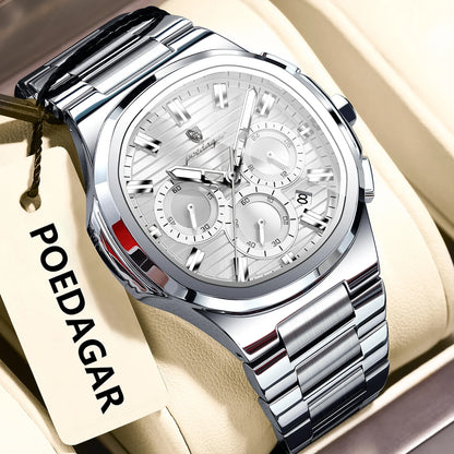 POEDAGAR Men's Luxury Chronograph Watch – Stainless Steel, Waterproof, Luminous, Date
