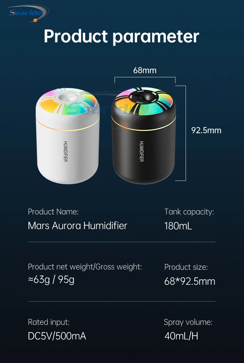 Searide Mini USB Humidifier – 180ml Ultrasonic Aroma Diffuser, Color LED, Touch Control, for Car, Home & Bedroom