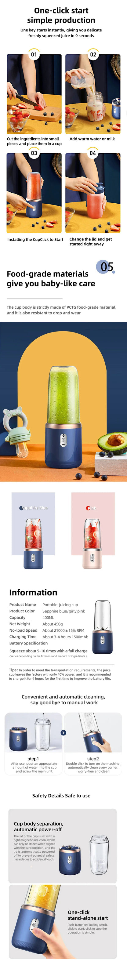 Portable Juicer Blender 400ml – USB Rechargeable Electric Fruit Juicer & Smoothie Cup