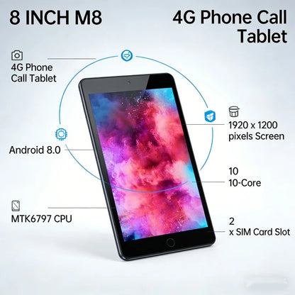 Glavey 8" 4G Phone Call Tablet – Android 8.0, MTK6797 10-Core, 3GB+32GB, Dual SIM, 5500mAh