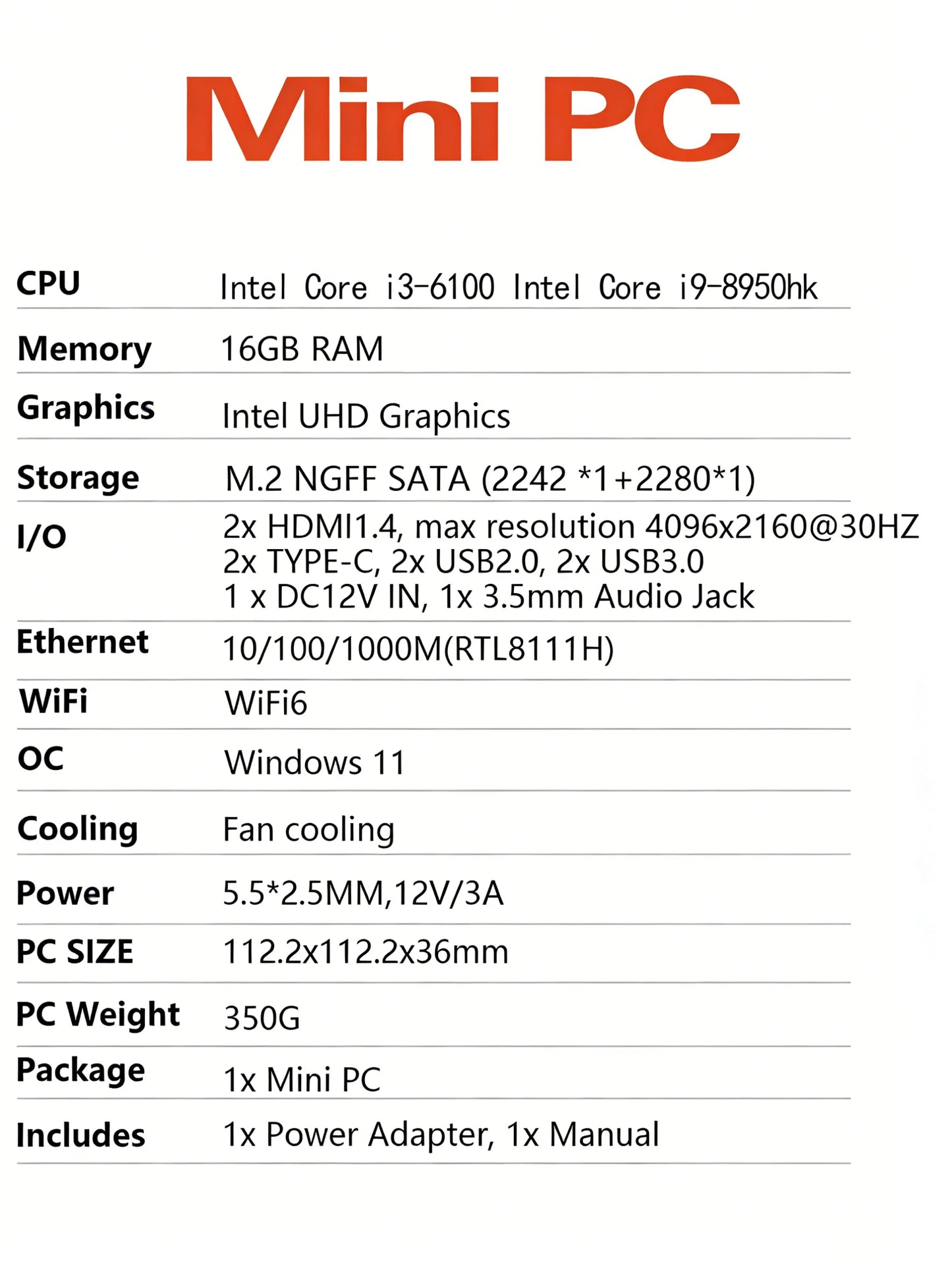Windows 11 Mini PC | Intel Core i9-8950HK / i3-6100 | 16GB RAM | 1TB–2TB SSD | WiFi 6 | BT 5.2