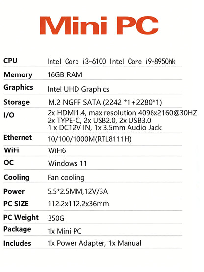 Windows 11 Mini PC | Intel Core i9-8950HK / i3-6100 | 16GB RAM | 1TB–2TB SSD | WiFi 6 | BT 5.2