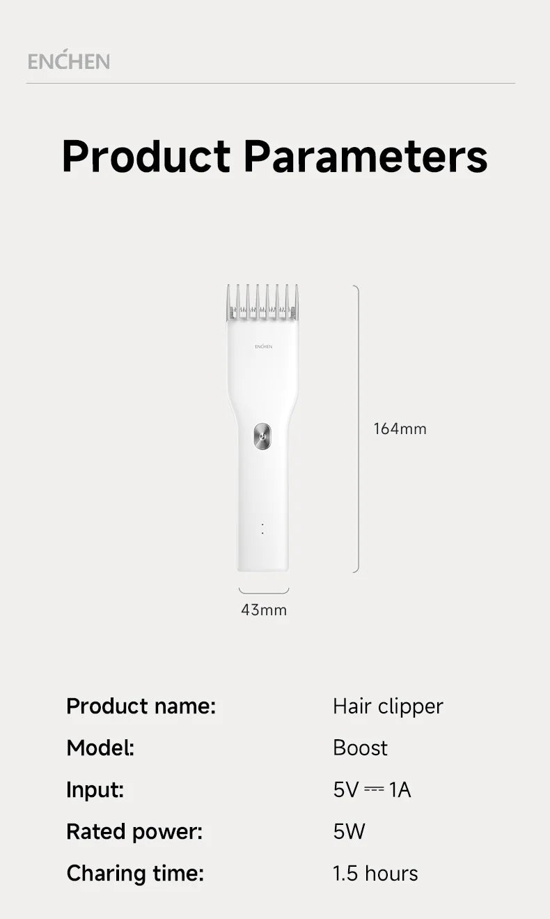 ENCHEN Boost-W Cordless Hair Clipper – USB Rechargeable, Adjustable Comb
