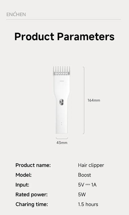 ENCHEN Boost-W Cordless Hair Clipper – USB Rechargeable, Adjustable Comb