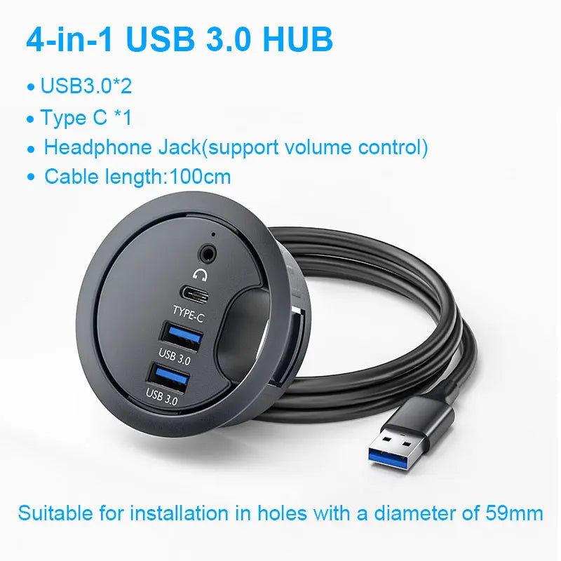 USB Desk Hub 5-in-1 – USB 3.0, Type-C, SD/TF Card Reader, 80cm Cable, Desktop Mount