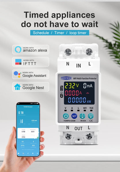 TOMZN 2P 63A TUYA WiFi Smart Circuit Breaker with Energy Monitoring