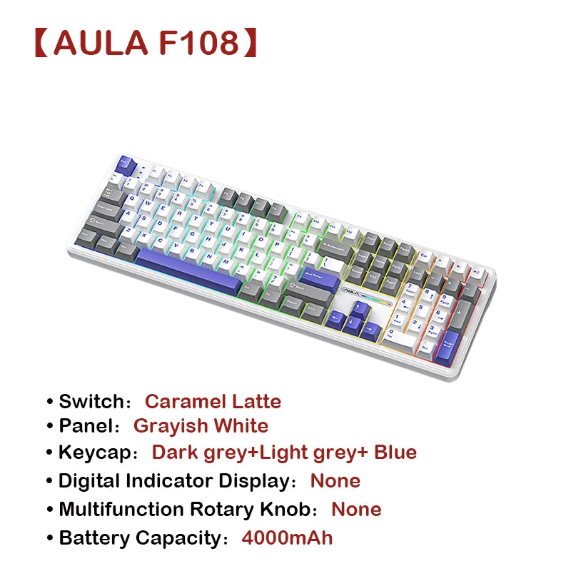 AULA F108Pro Wireless Mechanical Keyboard – UK Layout, Bluetooth Tri-Mode, Gasket, Hot-Swap, RGB, 104 Keys