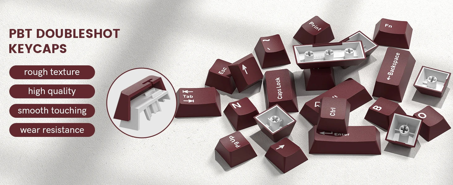 Retro dark red PBT keycap set with 126 Cherry profile keycaps for mechanical keyboards, featuring double shot lettering.