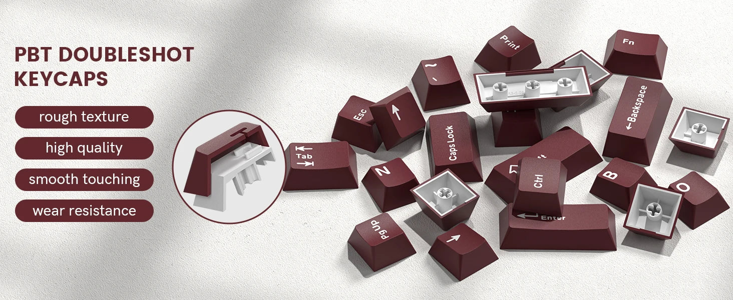 Retro dark red PBT keycap set with 126 Cherry profile keycaps for mechanical keyboards, featuring double shot lettering.