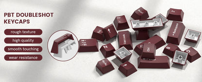 Retro dark red PBT keycap set with 126 Cherry profile keycaps for mechanical keyboards, featuring double shot lettering.