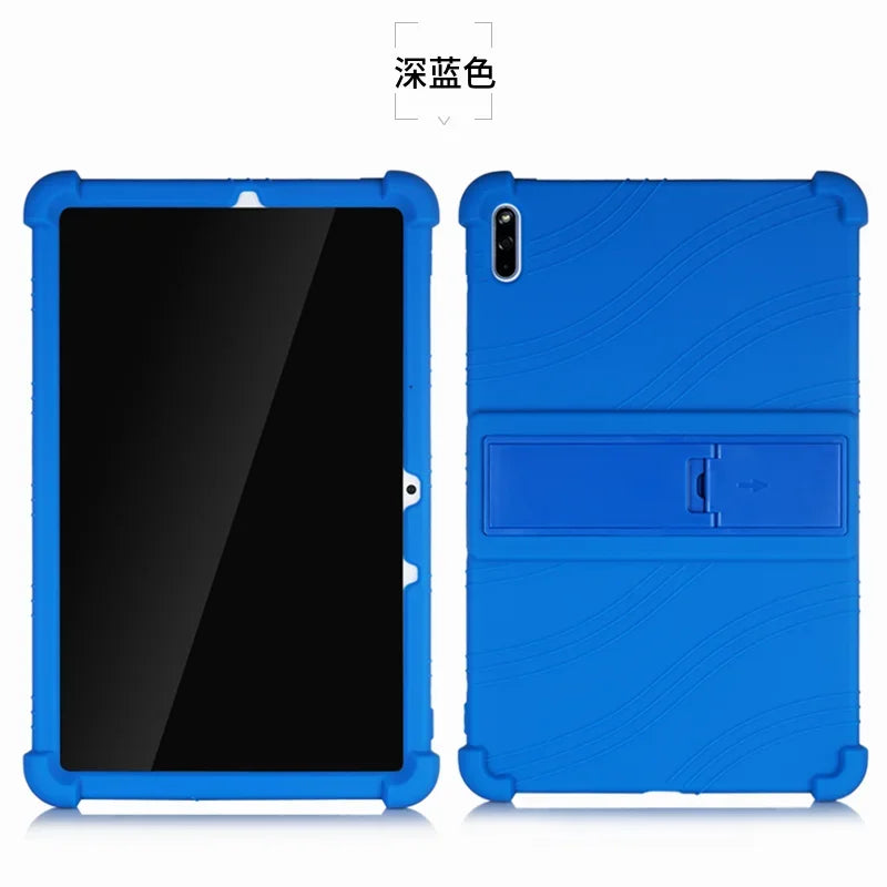 Shockproof silicone case for Huawei MatePad 10.4-inch tablet, with stand feature, in black, designed for protection and style.