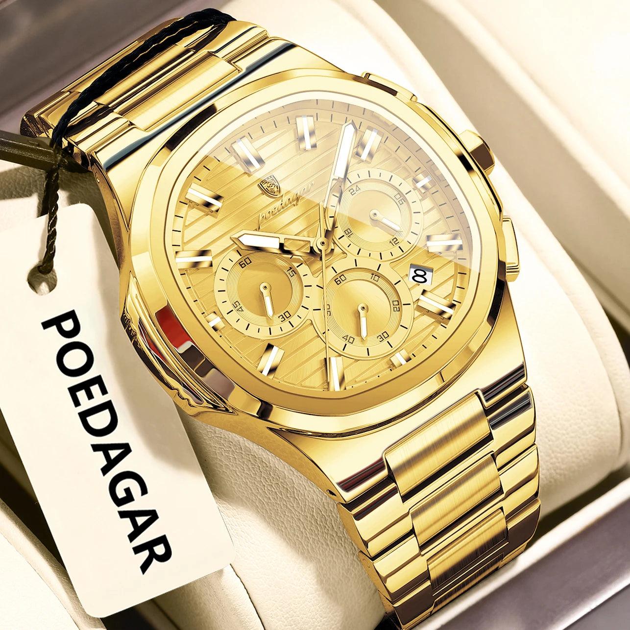 POEDAGAR Men's Luxury Chronograph Watch – Stainless Steel, Waterproof, Luminous, Date