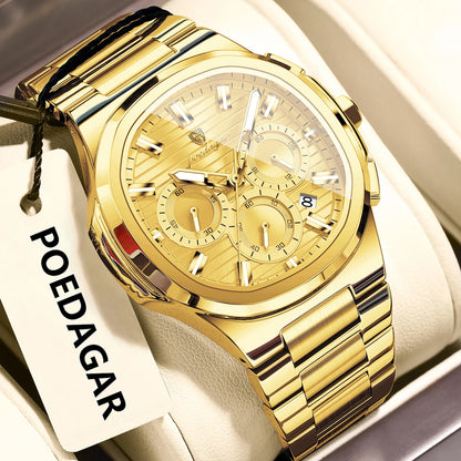 POEDAGAR Men's Luxury Chronograph Watch – Stainless Steel, Waterproof, Luminous, Date
