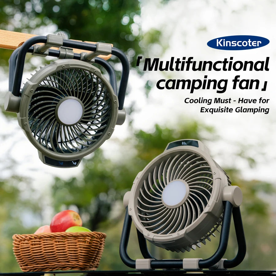 Kinscoter 6-in-1 Outdoor Camping Fan 10000mAh | 5 Speeds | Remote | LED Light | CE