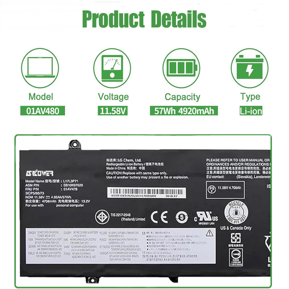 SKOWER 57Wh Laptop Battery – Lenovo ThinkPad T480s L17L3P71 01AV478 01AV479 01AV480