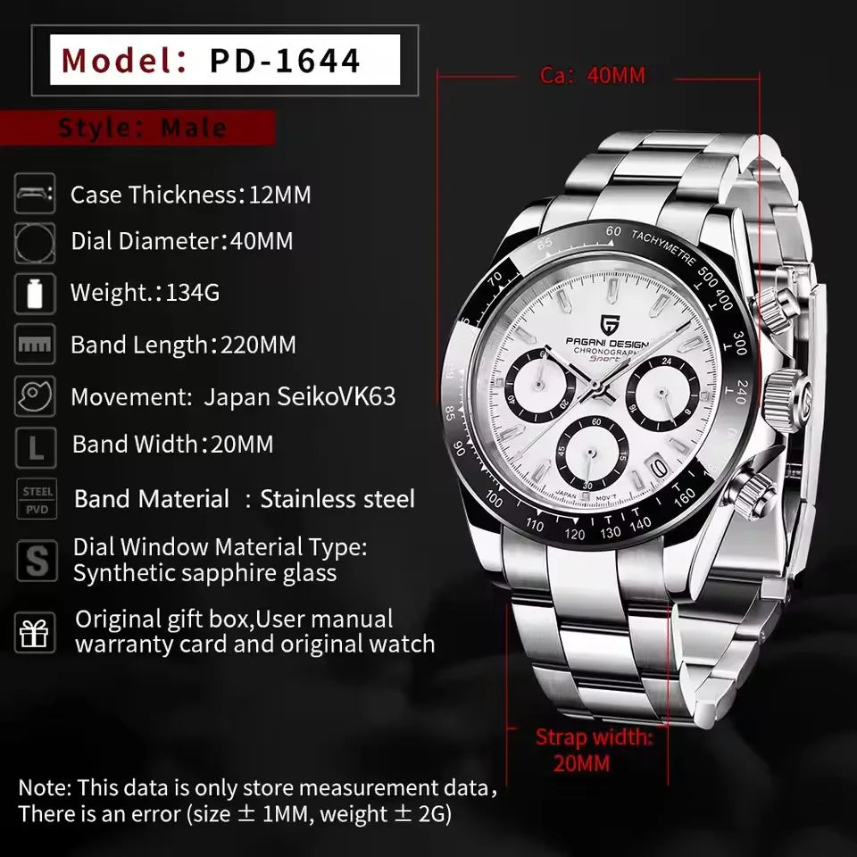 PAGANI DESIGN Men's Luxury Chronograph Watch – 100M Waterproof, Quartz Sport Wristwatch, Gift