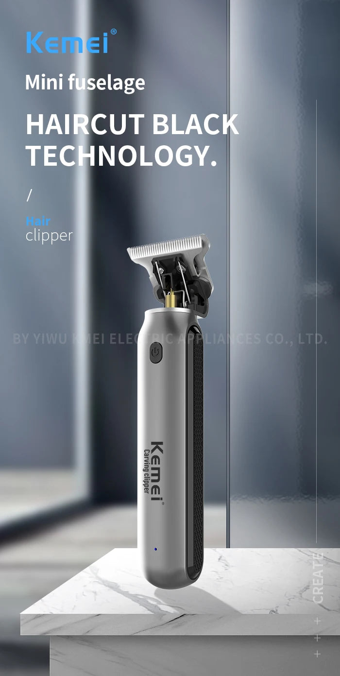 Kemei professional cordless hair trimmer with titanium blade for precise hair cutting, shown with sleek black body and adjustable blade.