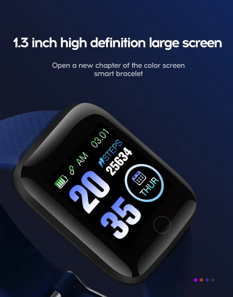 R.E.D. Shopping 116Plus Smart Watch with full touch screen, waterproof IP67 fitness tracker, black band, digital display.