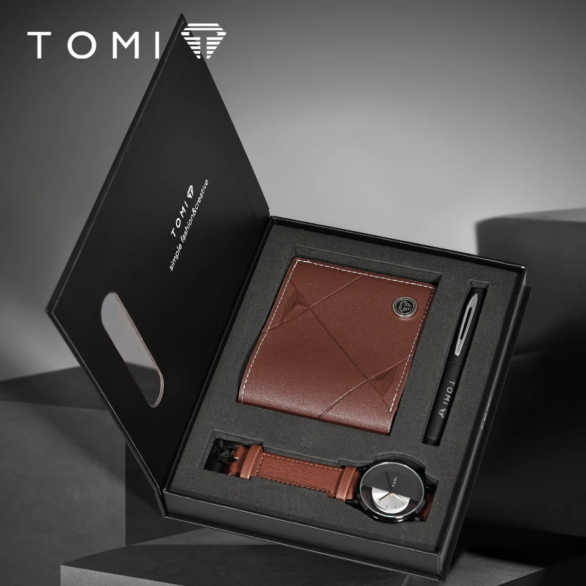 Three-piece men's watch gift set from TOMI Luxury Business Collection featuring stylish R.E.D. Shopping watches.