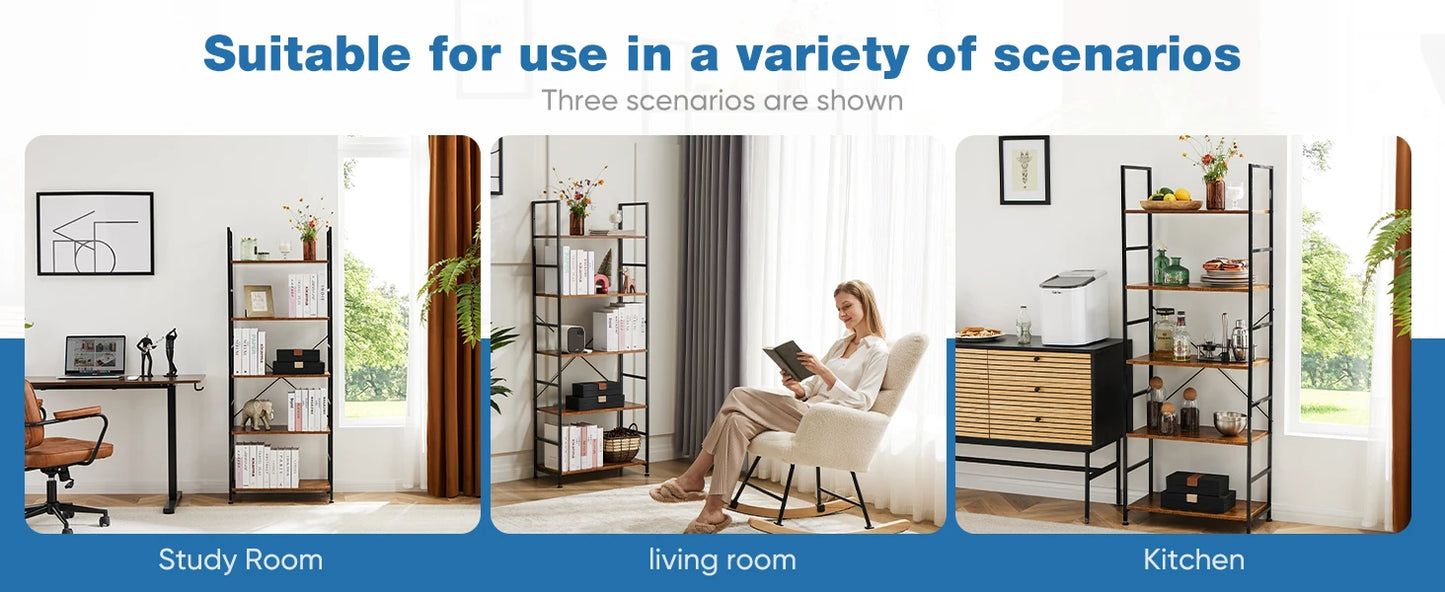 JHK 5-Tier Bookcase Bookshelf | Metal Frame Storage Organizer